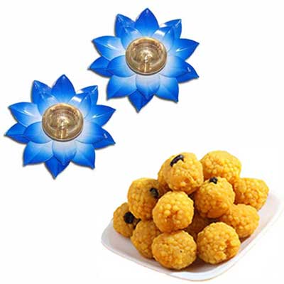 "Fancy Lotus Brass Diyas (Set of 2)(Blue),500gms of Laddu - Click here to View more details about this Product